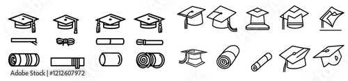 Set of graduation hats. Hand-sketched doodle of graduation caps. Drawing representing college student success, education, and diploma.