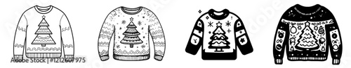 Hand-drawn warm Christmas sweater with a pattern icon. Doodle of cozy winter clothes. New Year snug winter doodle pullover.