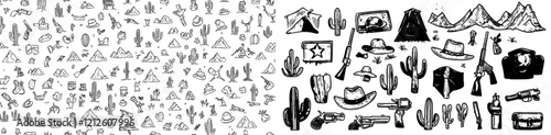 A set of Wild West cowboy doodles, hand-drawn boho signs, and Aztec southwestern elements.