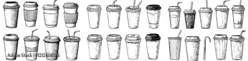 An assortment of elegant coffee cups for hot beverages, featuring engraved illustrations on a white background, showcasing eco-friendly and convenient takeaway designs