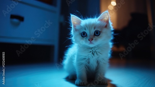 A small white kitten sits comfortably on the floor, looking up photo