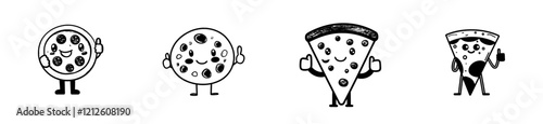 A retro cartoon fast food pizza character giving a thumbs up and a funny face, featuring modern comic art. A funky fast food pizza with salami, a happy smile, and a thumbs up gesture for a pizzeria