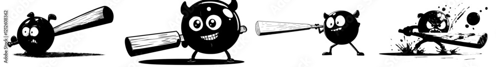 A retro cartoon cricket ball character with a bat, designed in a modern sports comic style. This groovy, funny cricket ball has a happy face and is riding a bat towards a goal, representing a funky A retro cartoon cricket ball character with a bat, designed in a modern sports comic style. This groovy, funny cricket ball has a happy face and is riding a bat towards a goal, representing a funky
