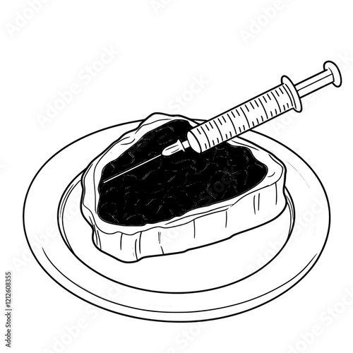 Modern meat, preservatives or antibiotics. Steak and syringe, hormone injection emblem.
