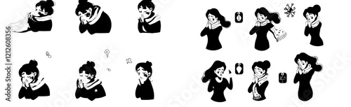 A woman with cold symptoms. A cartoon of an unwell girl with flu symptoms like sneezing, coughing, fever, sore throat, tiredness, headache, and hand stiffness, representing illness, allergy, or