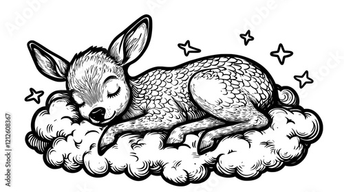 **Cheerful Roe Deer Resting on a Cloud Coloring Page for Kids Whimsical Deer Illustration on a Cloud Scene Calm Animal Drawing for Kids Adorable Fantasy Art Page**