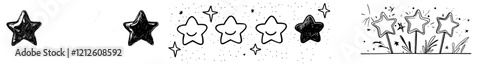 A collection of hand-drawn gold stars, rated 1 to 5, in a doodle style. Isolated variable star ratings.