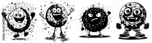 A groovy cartoon character in the shape of a retro donut, featuring a funky smile, chocolate glaze, and colorful sprinkles, embodies a 70s vibe with a wide, cheery smile.