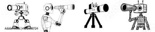 A man wearing a space suit peers through a telescope