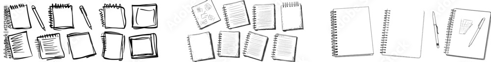Set of hand-drawn notebook doodle icons. Line clipart symbols featuring outline drawings of notebooks. Isolated doodle of an exercise book.