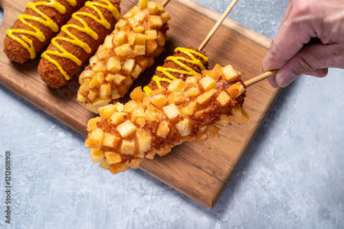 Photography Close-up of crispy Korean corn dogs drizzled with mustard, held by two hands