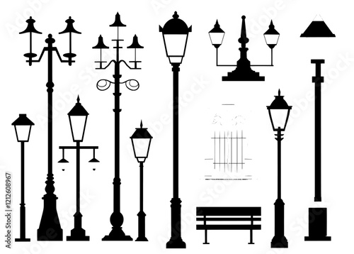 Urban streetlights. Outdoor city lighting fixtures with a retro-modern design for sidewalks in urban or town areas. Decorative landscape lighting, a stylish modern series