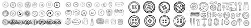 A set of hand-drawn doodle art icons featuring sewing buttons in various outline shapes for sewing accessories and clothes.