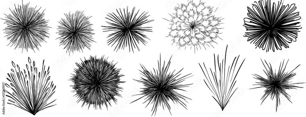 A set of cartoon doodle line drawings featuring a hand-drawn boom effect, comic bomb explosion, energy hit with sparks, and power action elements.