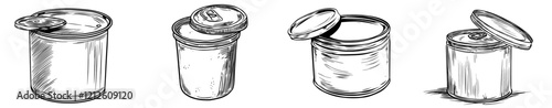 Hand-drawn icon of a tin can with a doodle. Tin can camp canned food outline drawing clipart.