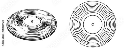 Hand-drawn icon of a vinyl gramophone record doodle. Single design element featuring a vinyl record, symbolizing music and sound. Clipart illustration.