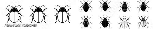 Hand-drawn outline doodle icon set of garden bugs, featuring simple line beetle clipart elements.
