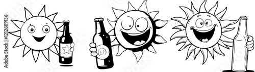 A cool, retro sun character with a drink bottle and a humorous face, designed as a modern emoji. This cheerful sun, with a beer or lemonade bottle, is whistling happily, embodying good vibes ideal