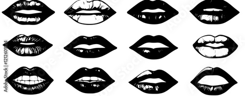 Hand-drawn kissing lips silhouettes, clipart of lips kisses, and a set of decorative red lips cartoon drawing elements.