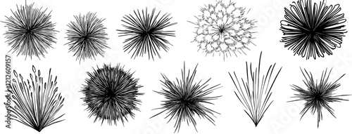 A set of cartoon doodle line drawings featuring a hand-drawn boom effect, comic bomb explosion, energy hit with sparks, and power action elements.