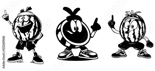 A lively cartoon watermelon slice, depicted as a fun character in fitness. This fresh and juicy watermelon is a cheerful, modern figure, embodying a delicious fruit with a groovy, funny mascot vibe,