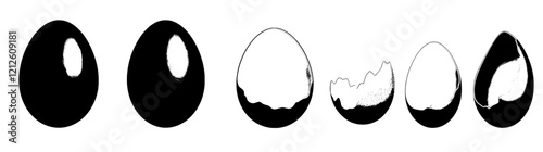 A true-to-life broken egg with cracks and shell pieces, current 3D animations of a chick hatching, and farm bird incubator or food themes, highlighting a 3D brown egg in stages from whole to cracked