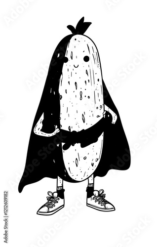 A hip cucumber superhero vegetable character. A modern cartoon hero veggie pointing with a finger, a playful green veggie prepared for action. A nutritious food defender in sneakers, a cape, and a
