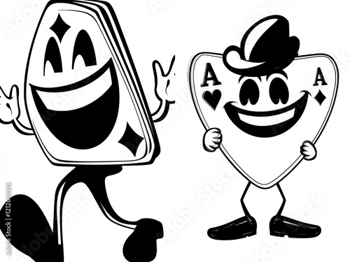 A retro, groovy casino poker card character. An isolated, modern cartoon Ace of diamonds figure jumping with a wide smile, ready to make game night fun. A humorous gaming card with big, happy eyes.