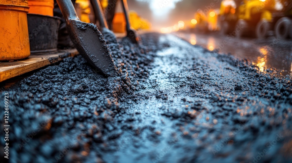 Road construction workers spreading asphalt, close-up Road construction workers spreading asphalt, close-up