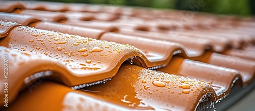 Close-up of raindrops dripping off the edge of an orange clay roof tile, showcasing its texture and details