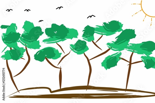 minimalist illustration of a green plant with three leaves, set against a white background. The leaves are abstractly shaped and symmetrically arranged on a thin brown stem