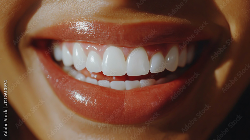 Obraz premium Charming female smile with dazzling white teeth, showing excellent dental health and hygiene cinematic view.