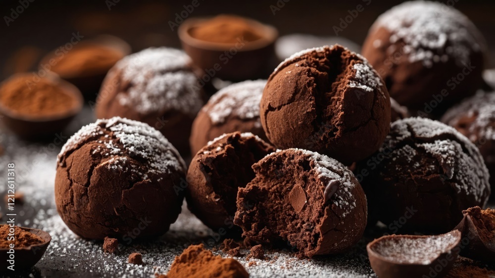 A close-up of chocolate truffles dusted with cocoa powder, showcasing their rich texture. A close-up of chocolate truffles dusted with cocoa powder, showcasing their rich texture.