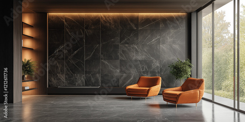 Modern lounge interior design contemporary living room stylish furniture arrangement urban setting wide-angle view minimalist concept
