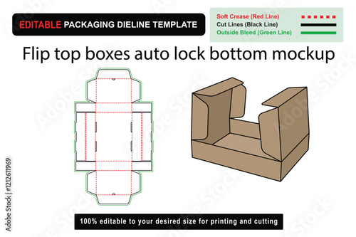 Customizable Flip Top Box Mockup with Enhanced Auto Lock Bottom, flip top boxes, auto lock boxes, box mockup, packaging mockup, customizable boxes, box dieline, die cut template, dieline template