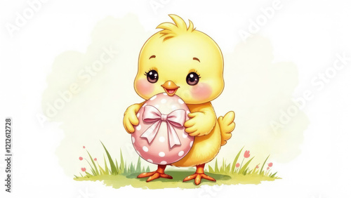 Watercolor illustration of cute little chicken with Easter egg on grass on white background. Elements for design, printing, decoration, cards