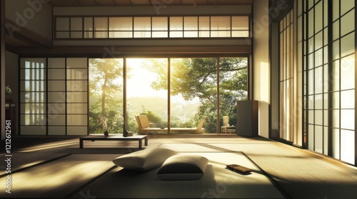 Serene Japanese Style Room Sunlight Garden View