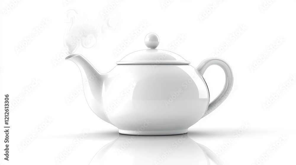 Elegant White Ceramic Teapot on Reflective Surface in Minimalist Kitchen Setting Elegant White Ceramic Teapot on Reflective Surface in Minimalist Kitchen Setting