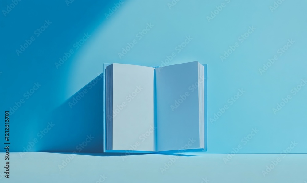 Open Blank Book with Blue Cover on a Light Blue Background Open Blank Book with Blue Cover on a Light Blue Background
