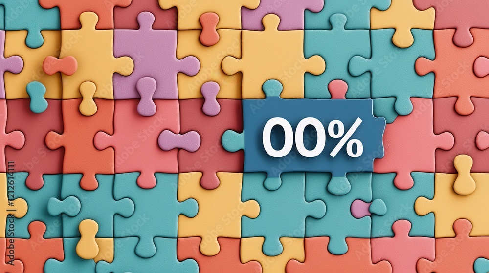 Colorful puzzle pieces with a 00% sign symbolize incomplete tasks and problem-solving in vibrant hues. Colorful puzzle pieces with a 00% sign symbolize incomplete tasks and problem-solving in vibrant hues.