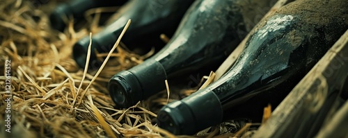 Closeup shot of wineshelf. Bottles lay over straw. photo