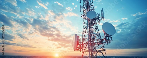 A towering telecommunications tower with satellite dishes against a beautiful sunset and cloudy sky.