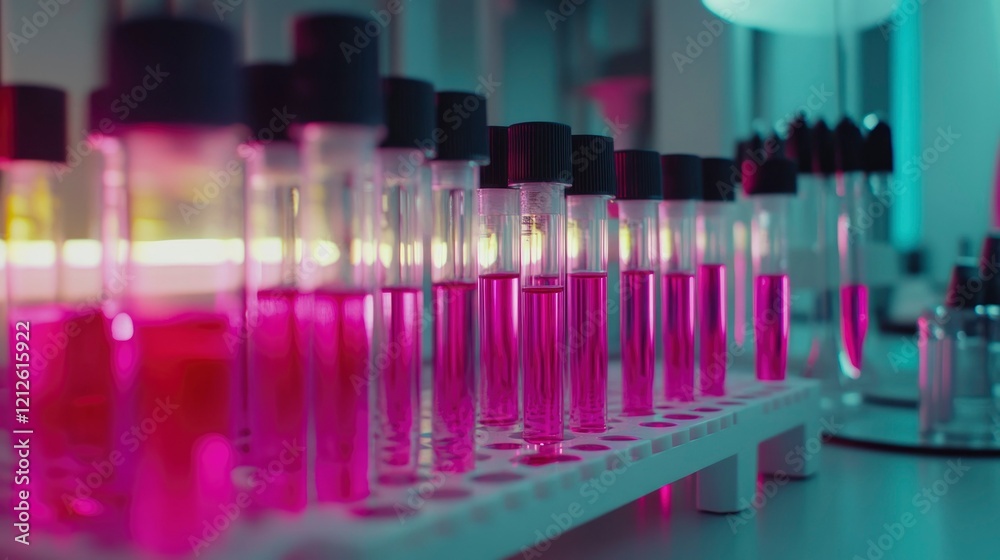 Fototapeta premium Pink liquid samples in test tubes laboratory rack