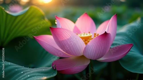 Close-up of a pink lotus flower with dew drops in sunlight	