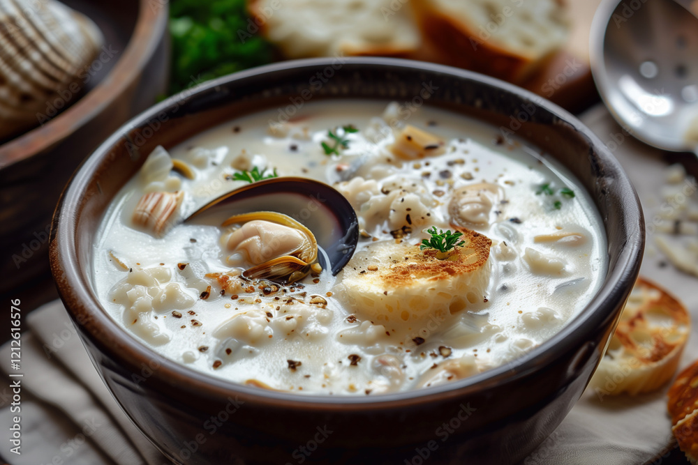 Clam Chowder - seafood soup. American cuisine. Clam Chowder - seafood soup. American cuisine.
