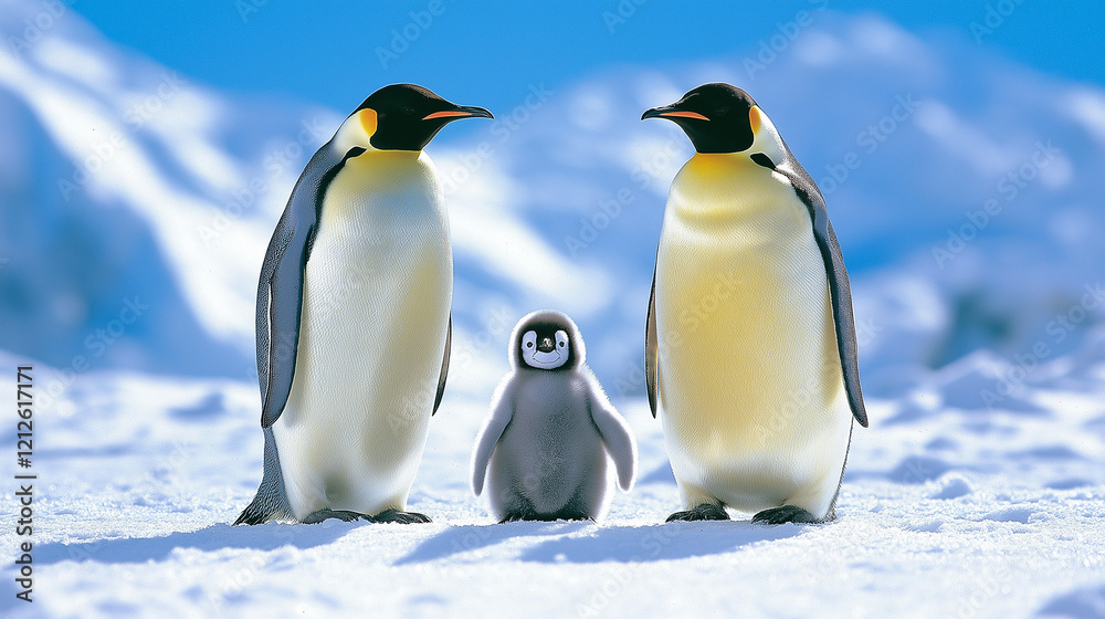 Fototapeta premium A landscape with two penguins and a small penguin in between them.