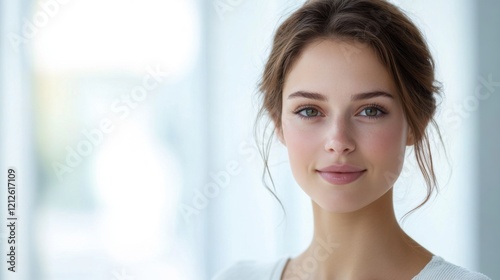 Young woman with natural beauty smiling softly in bright and airy indoor setting with vivid light background