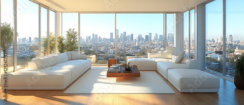 Modern apartment living room with city view.