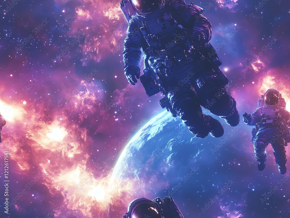 Astronauts floating in a vibrant cosmic space, exploring the wonders of the universe around them. Astronauts floating in a vibrant cosmic space, exploring the wonders of the universe around them.