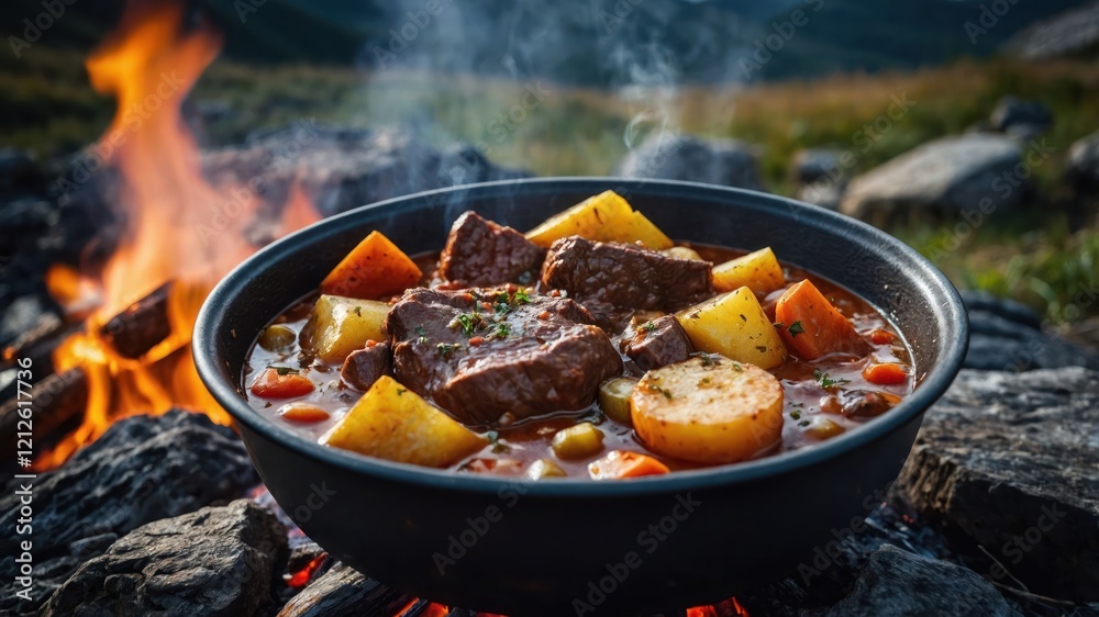 A hearty beef stew simmering over an open fire in a scenic outdoor setting. A hearty beef stew simmering over an open fire in a scenic outdoor setting.